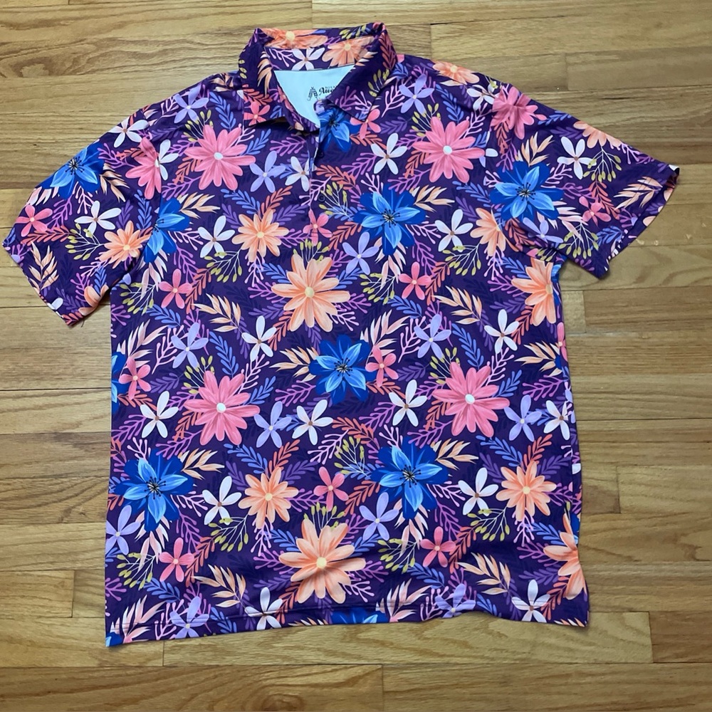 Royal & Awesome Golf Polo‎ Shirt Mens XL Loud Colorful Floral All Over Print